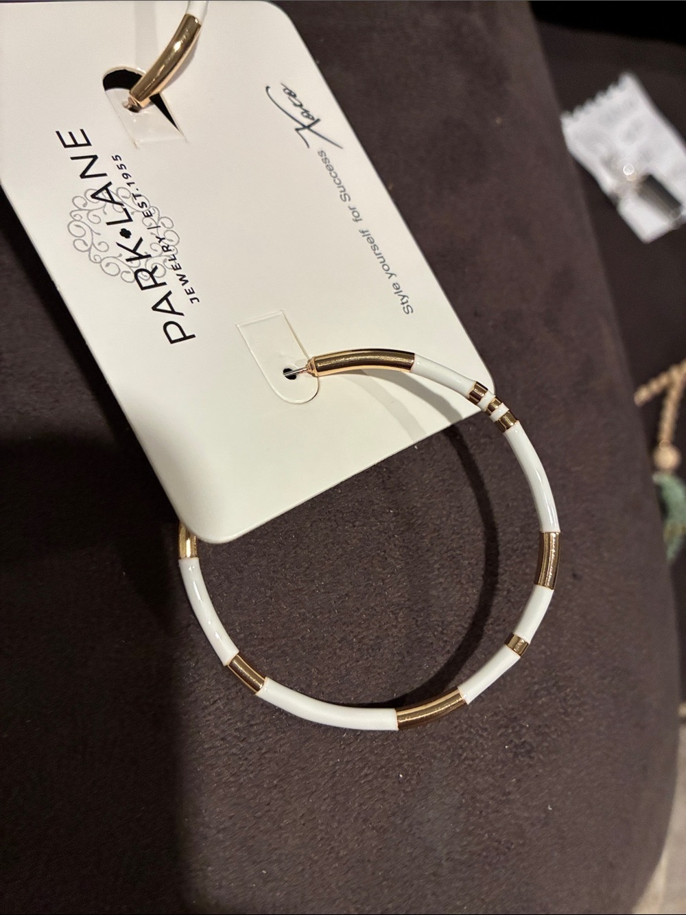 Park Lane White and Gold Striped Hoop Earrings - Picture 3 of 3